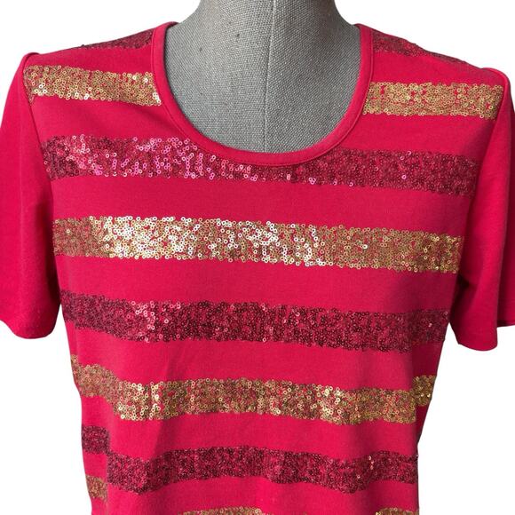 Quacker Factory Top Women's Size Small Red Sequins Striped Festive Short Sleeve - Picture 1 of 5